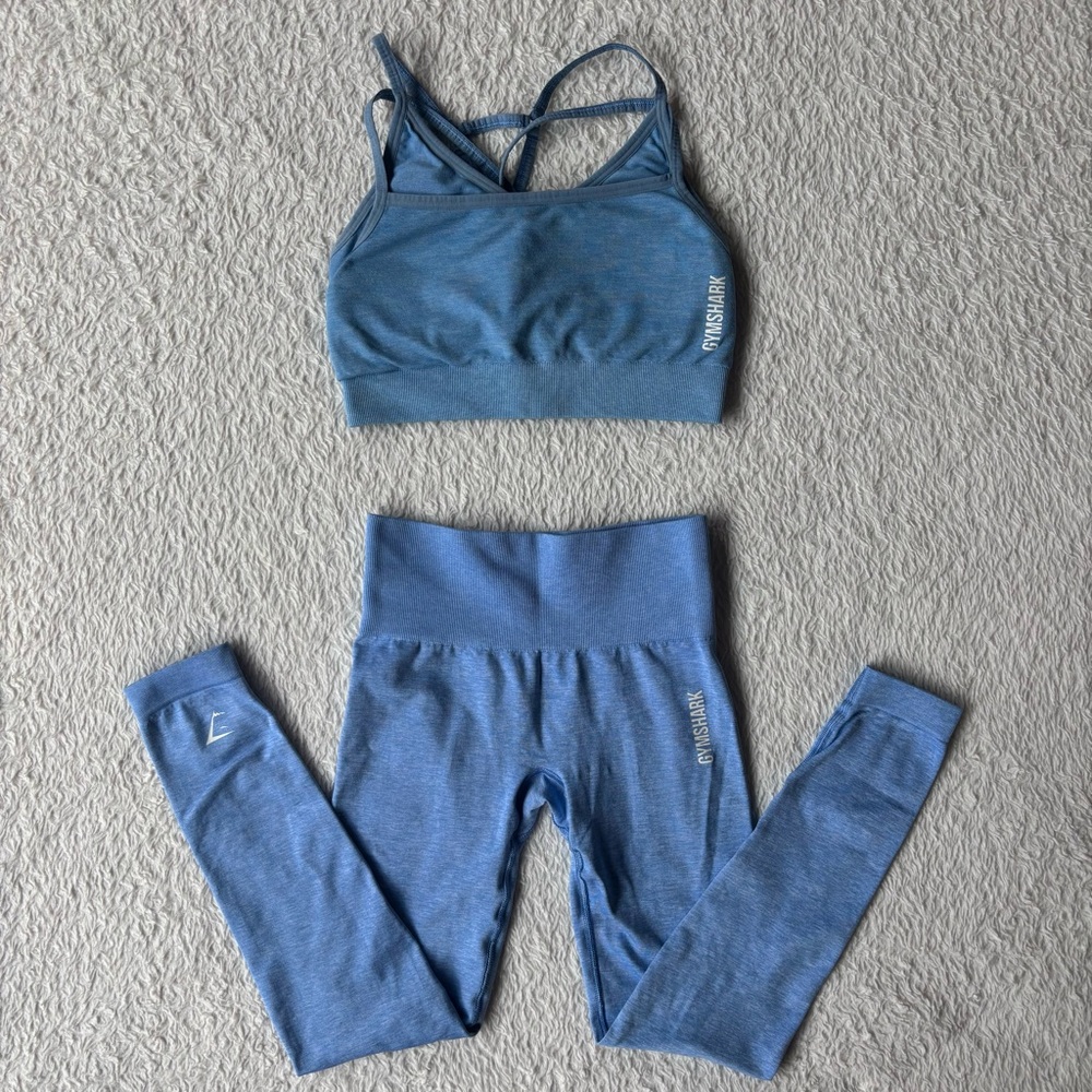 Gymshark Adapt Marl Seamless Powder Blue Leggings & Sports Bra Set